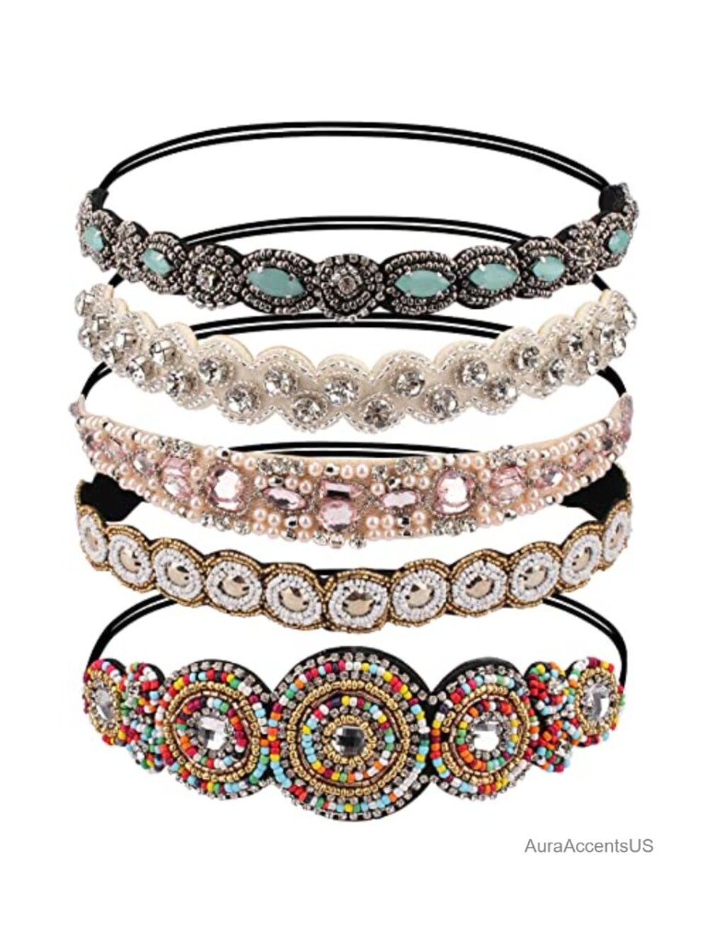 5Pc Rhinestone Beaded Elastic Headbands Set for Women